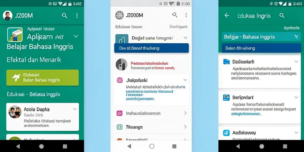 Tampilan antarmuka J200M untuk belajar bahasa Inggris dengan fitur interaktif.