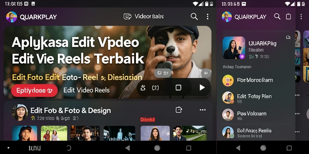 Screenshot antarmuka QUARKPLAY menampilkan fitur Edit Video Reels yang menarik.