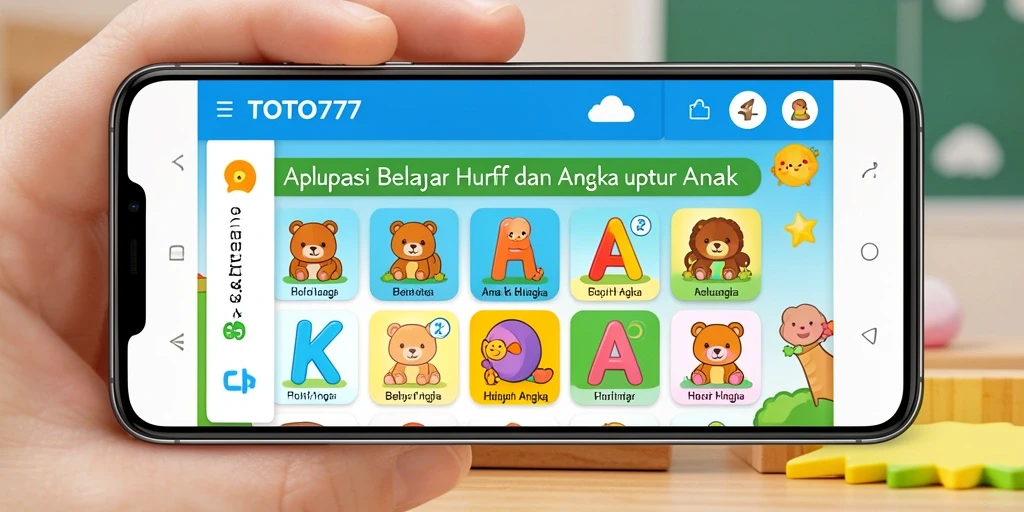 Tampilan antarmuka aplikasi TOTO777 menunjukkan permainan belajar huruf dan angka.